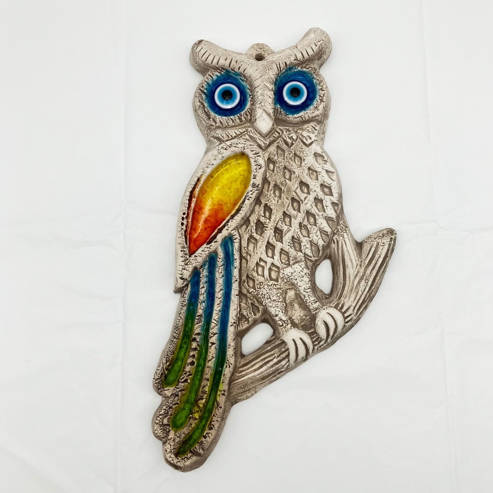 Wall Plaque Ceramic Owl Evil Eye 11.5in Multicolor Boho Decor